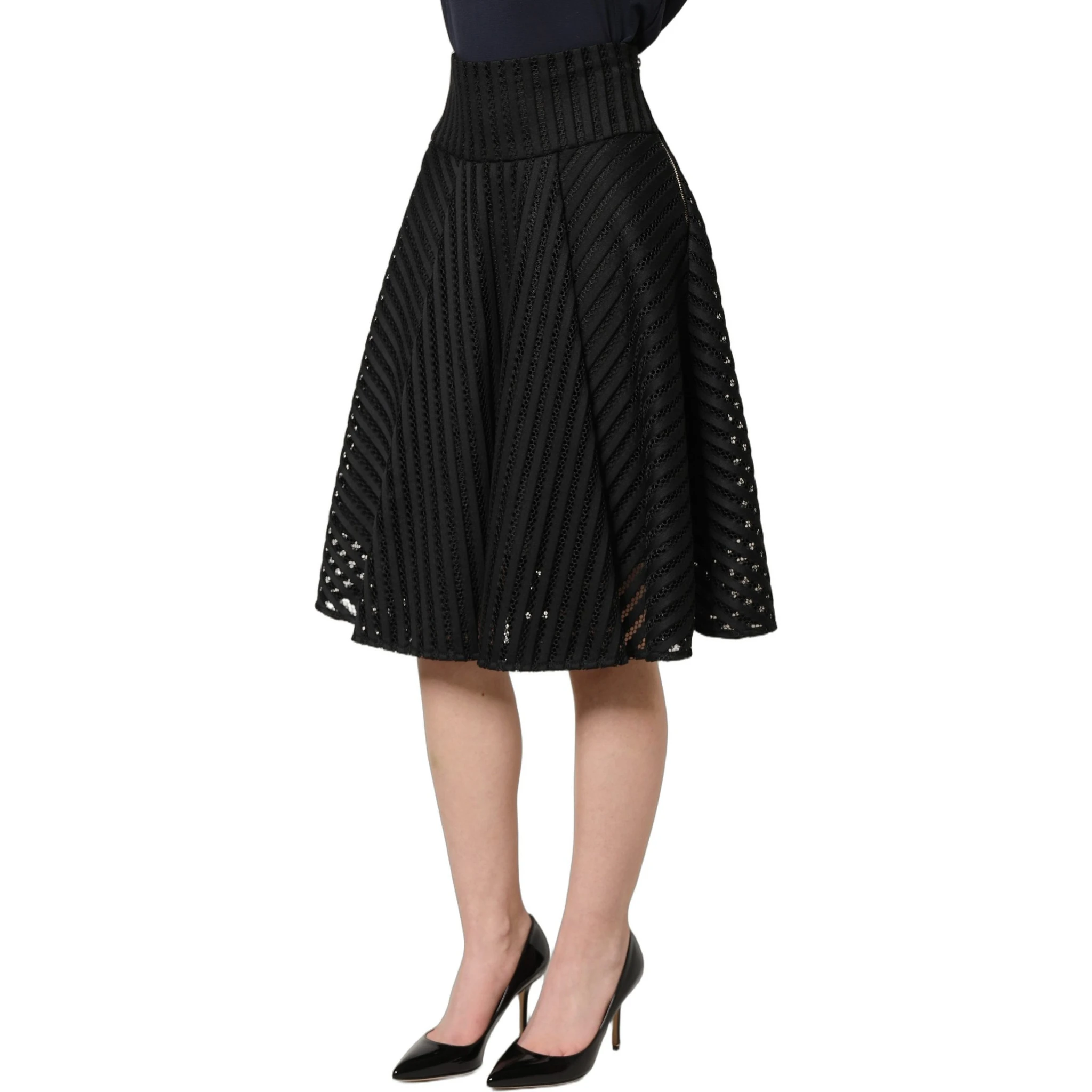 Cotton Striped Flared Silhouette Aline Midi Black