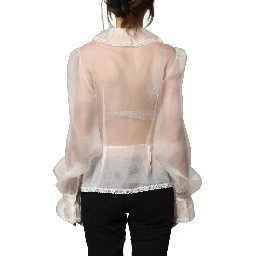 White Ruffled Sheer Silk Buttoned Blouse Top