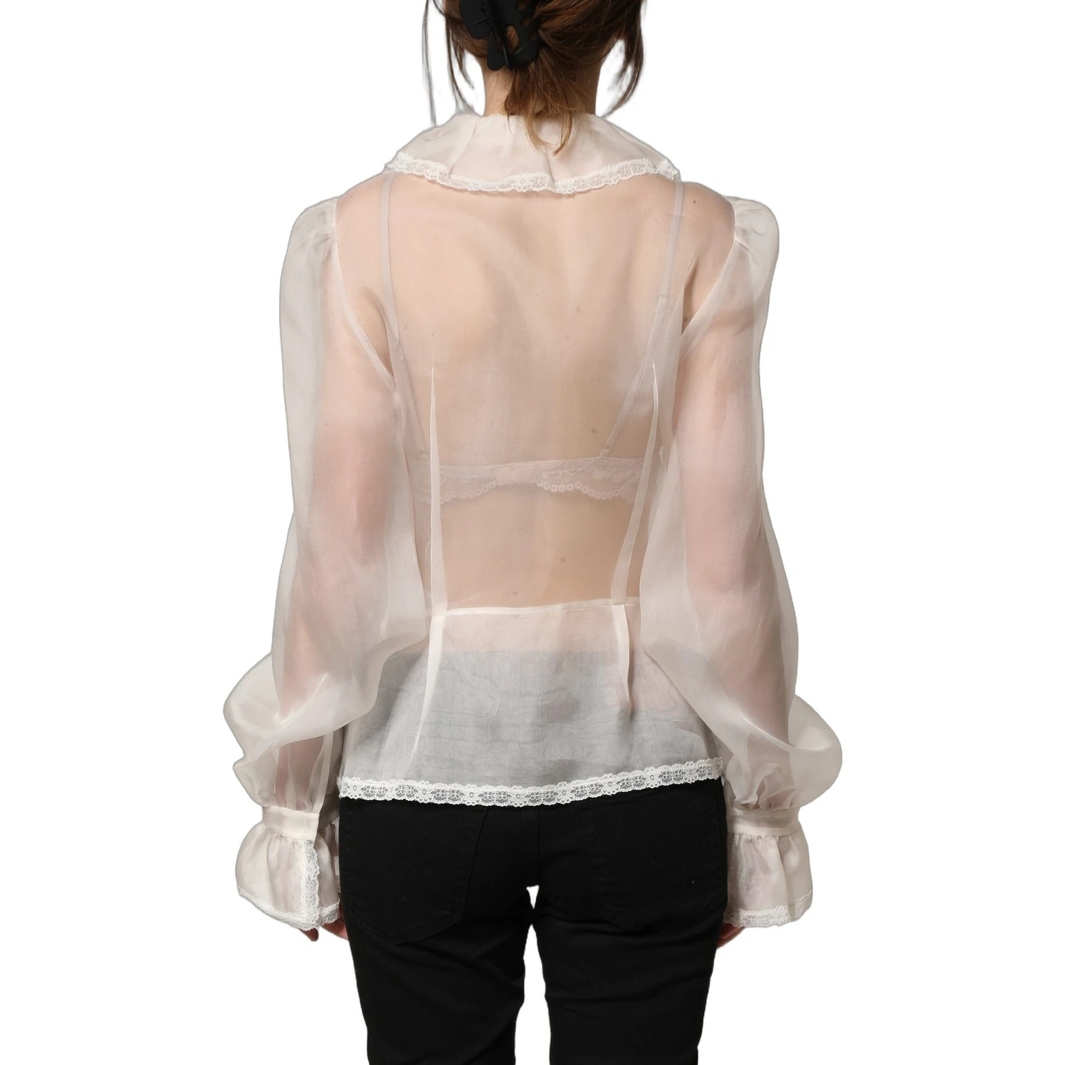 White Ruffled Sheer Silk Buttoned Blouse Top