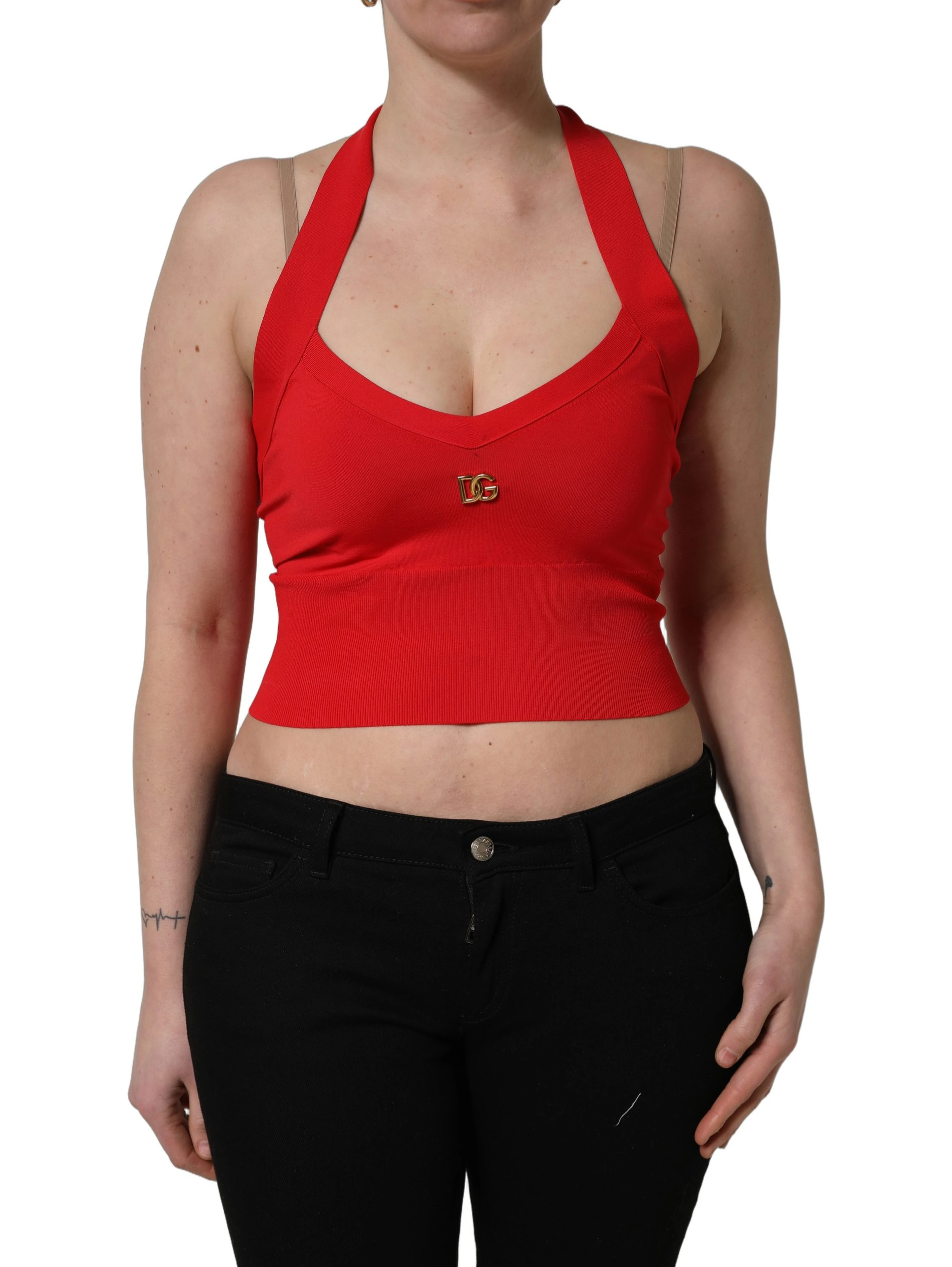 Red Viscose Sleeveless Halter Crop Tank Top