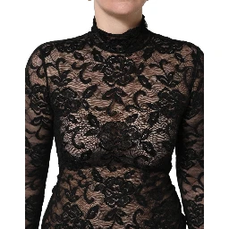 Black Floral Lace Turtle Neck Long Sleeve Top