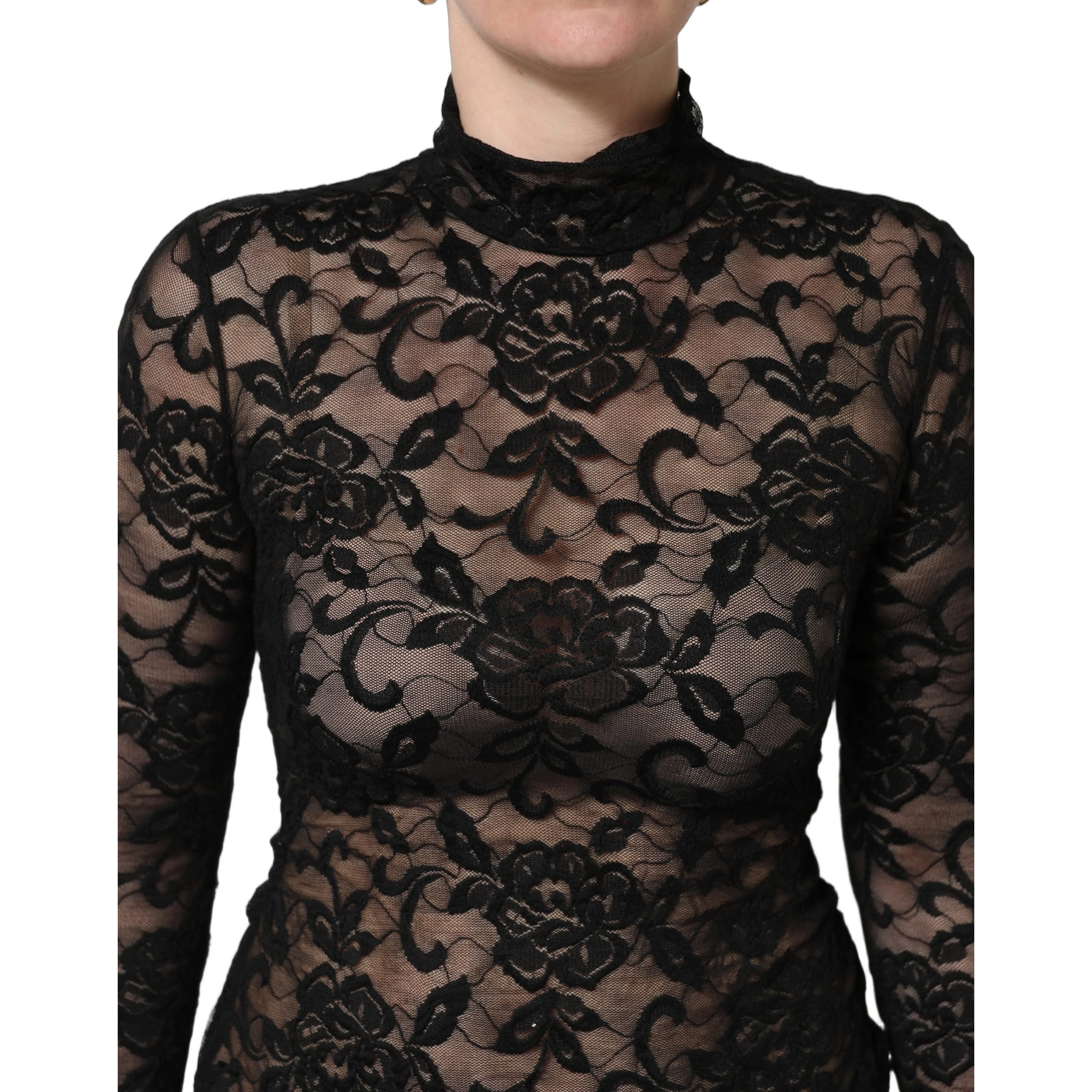 Black Floral Lace Turtle Neck Long Sleeve Top