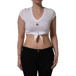 White Logo Embroidered Tie Waist Cropped Top