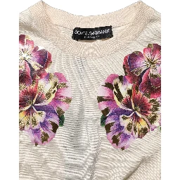 Beige Floral Print Silk CrewNeck Pullover Top