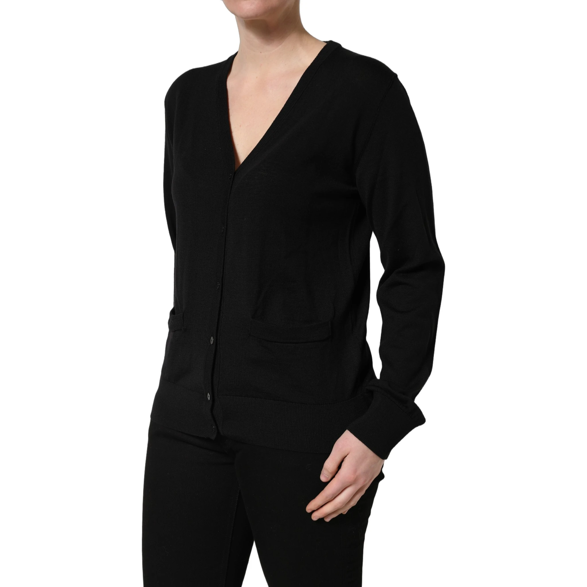 Black Wool Knit Button Cardigan Sweater