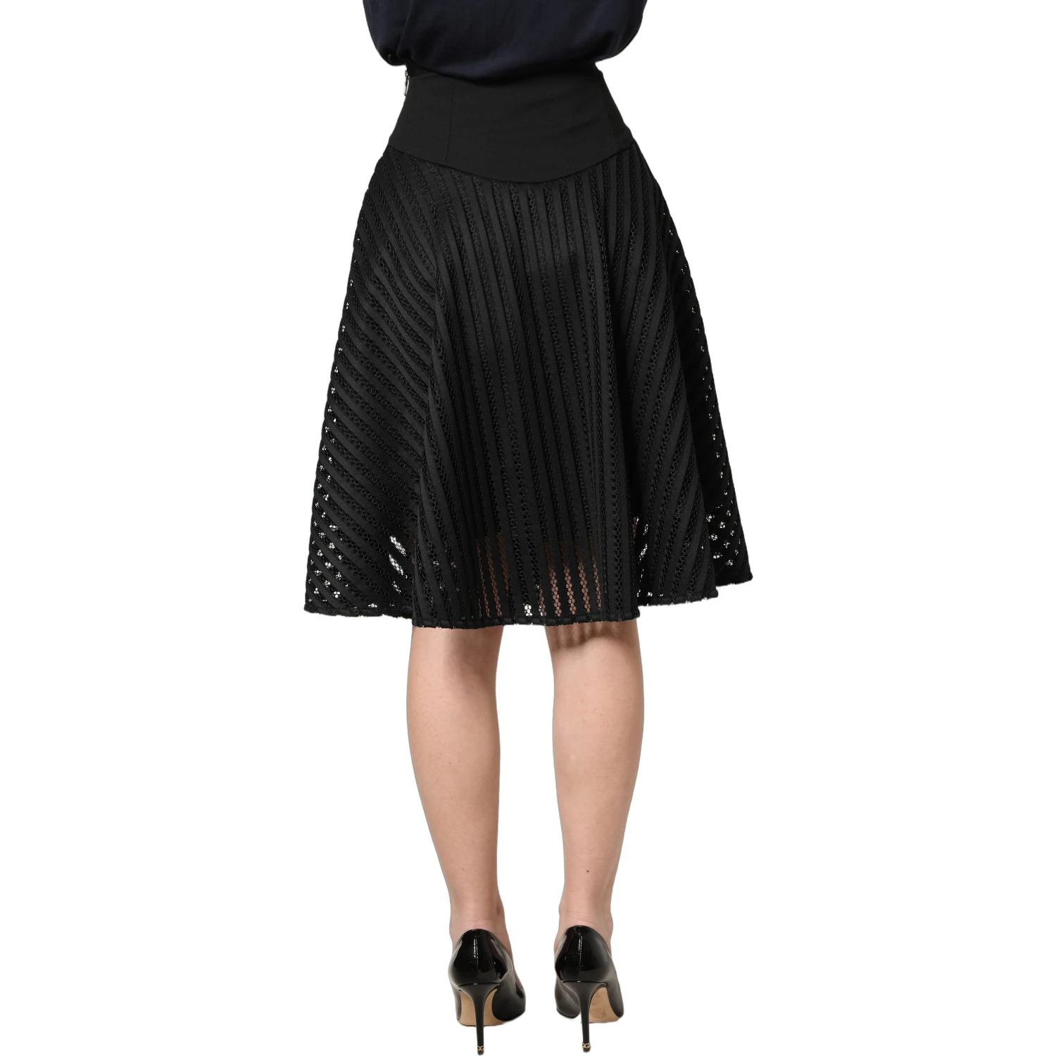 Cotton Striped Flared Silhouette Aline Midi Black