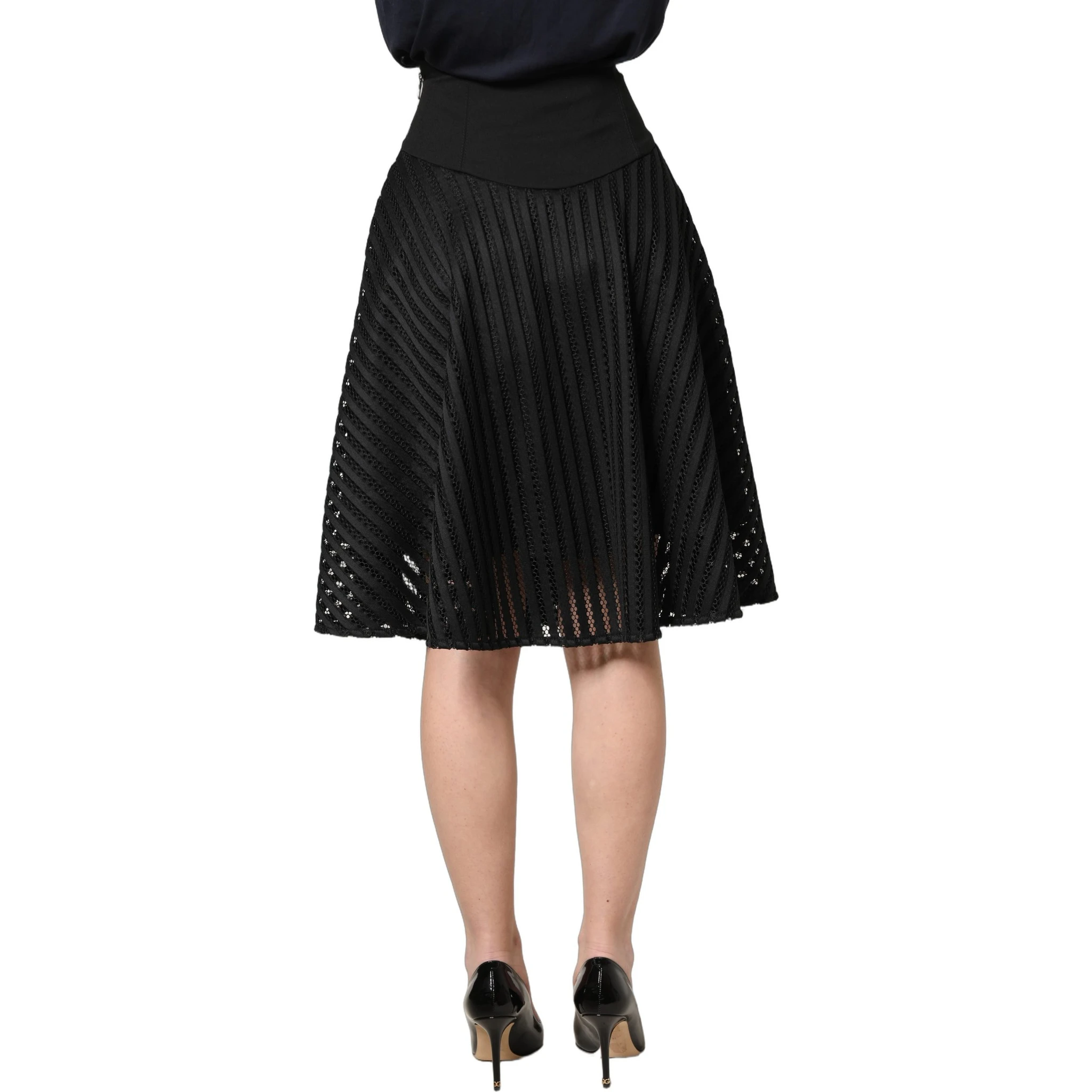 Cotton Striped Flared Silhouette Aline Midi Black