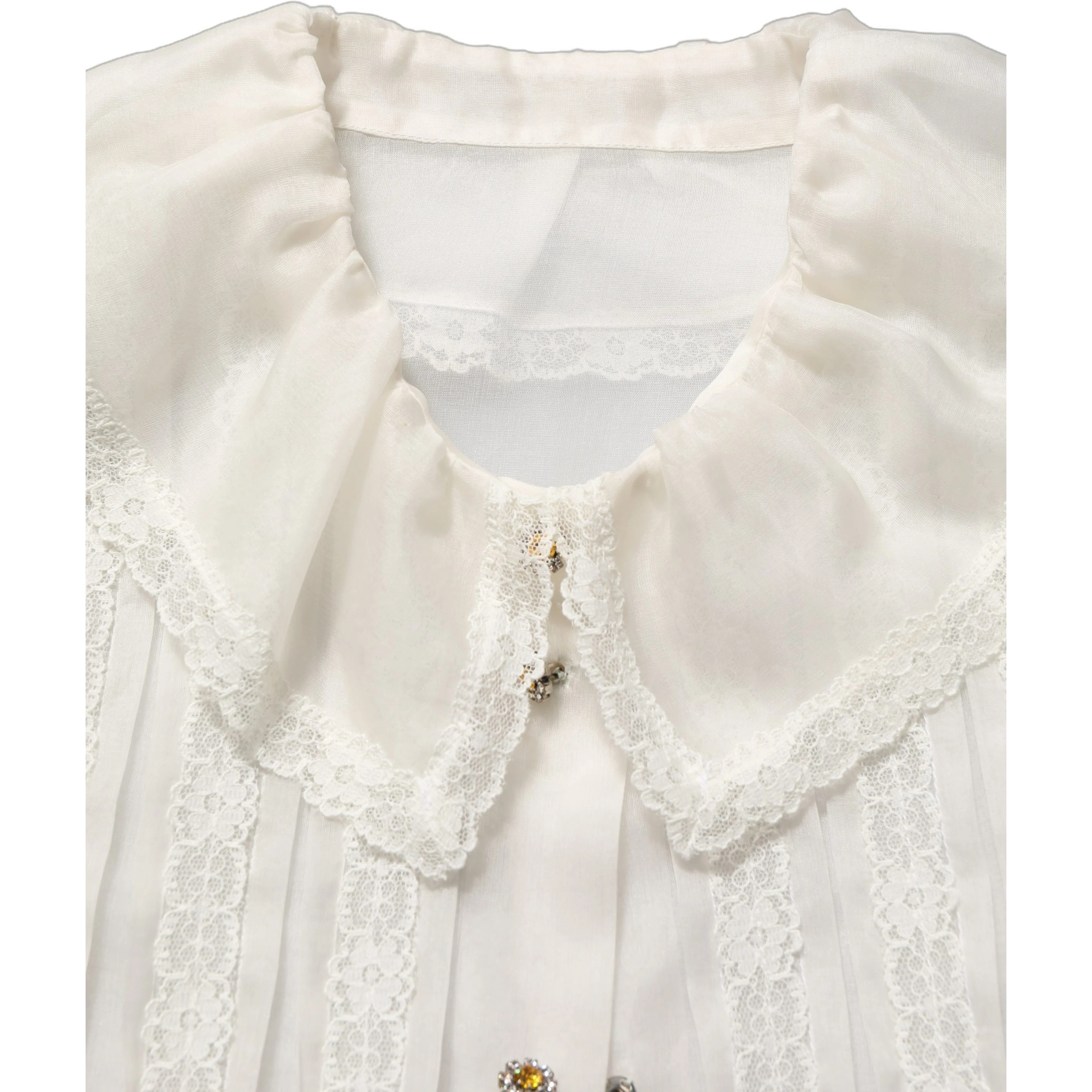 White Ruffled Sheer Silk Buttoned Blouse Top