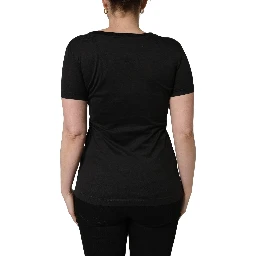 Black Tropical Print Cotton Round Neck T-Shirt