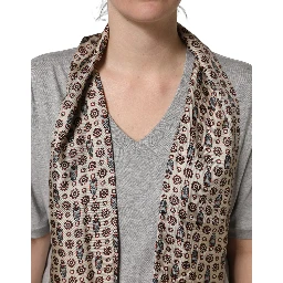 Gray Cotton V-neck Owl Silk Scarf Top T-shirt