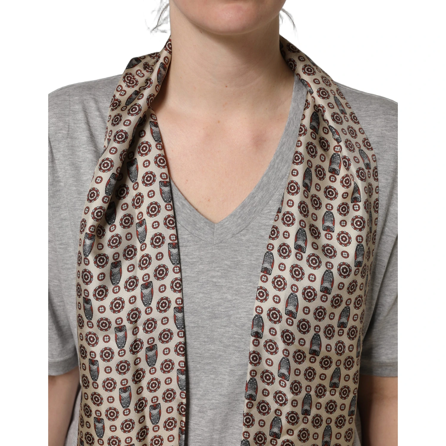Gray Cotton V-neck Owl Silk Scarf Top T-shirt