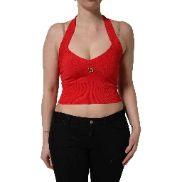 Red Viscose Sleeveless Halter Crop Tank Top