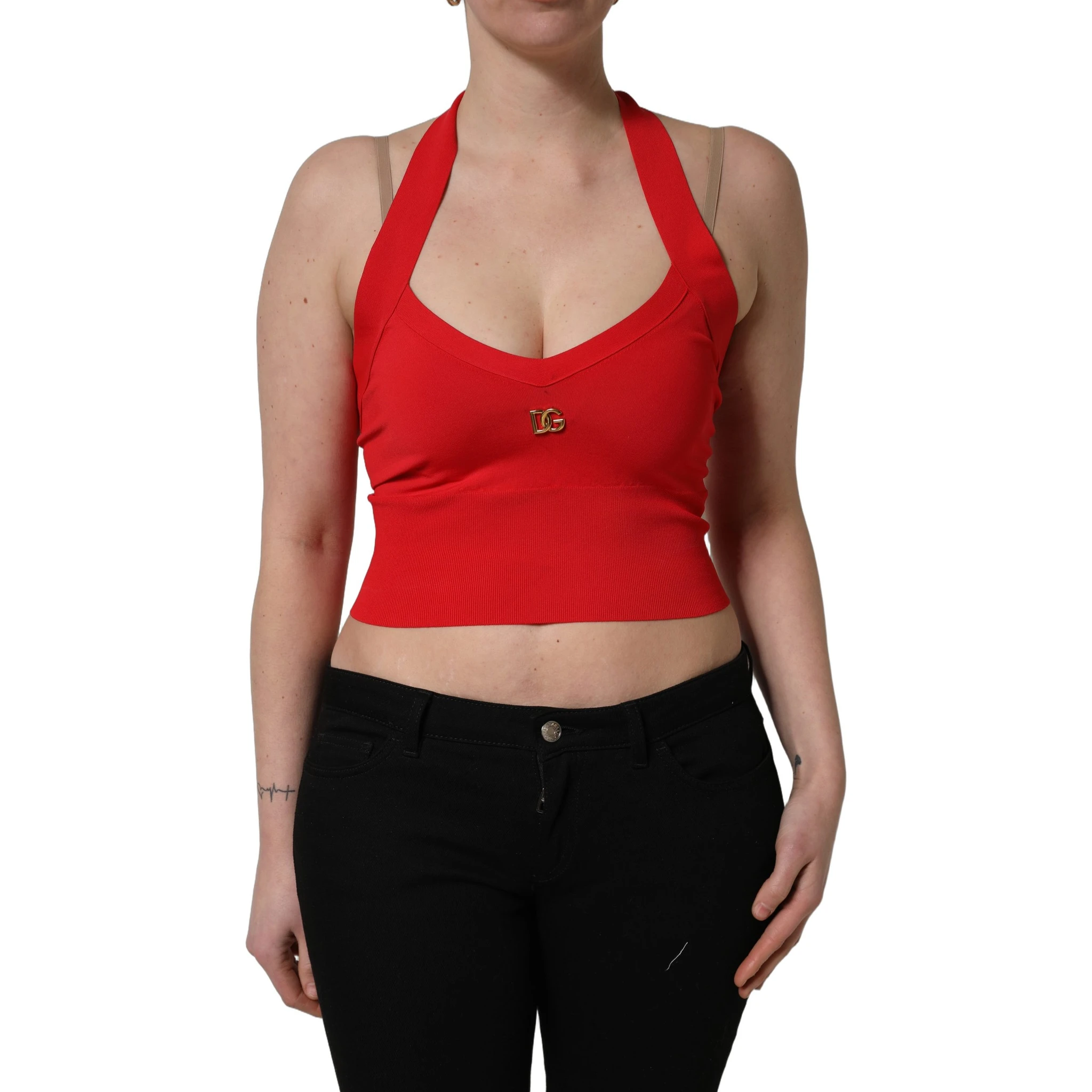 Red Viscose Sleeveless Halter Crop Tank Top