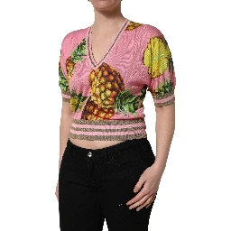 Pink Pineapple Vneck Short Sleeve Cropped Top