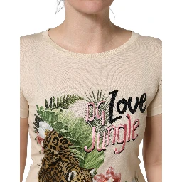 Beige Jungle Print Cotton Round Neck T-Shirt