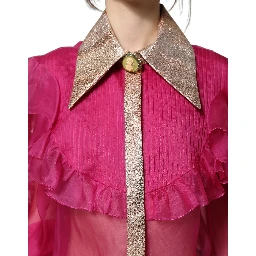 Fuchsia Sheer Chiffon Buttoned Blouse Top