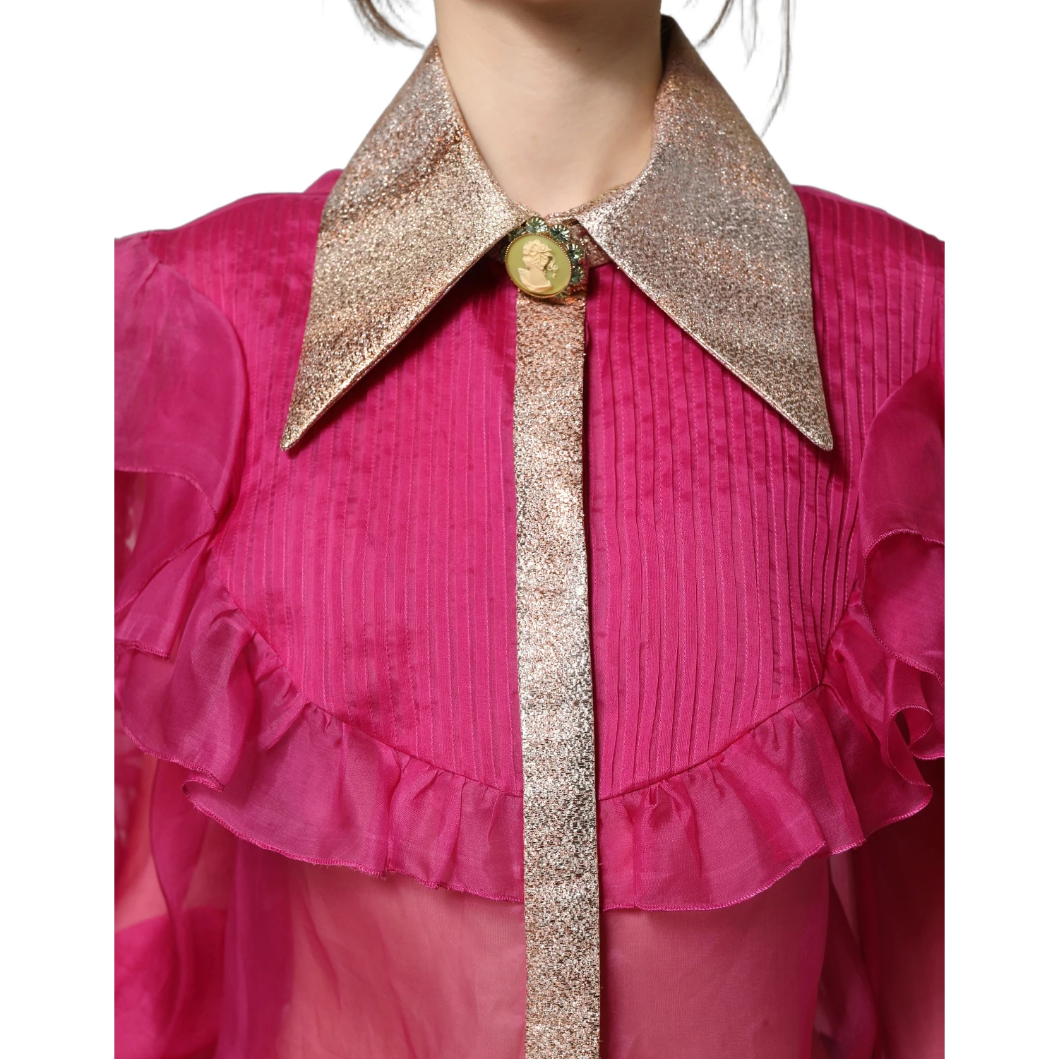 Fuchsia Sheer Chiffon Buttoned Blouse Top