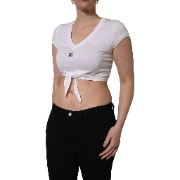 White Logo Embroidered Tie Waist Cropped Top
