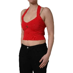 Red Viscose Sleeveless Halter Crop Tank Top