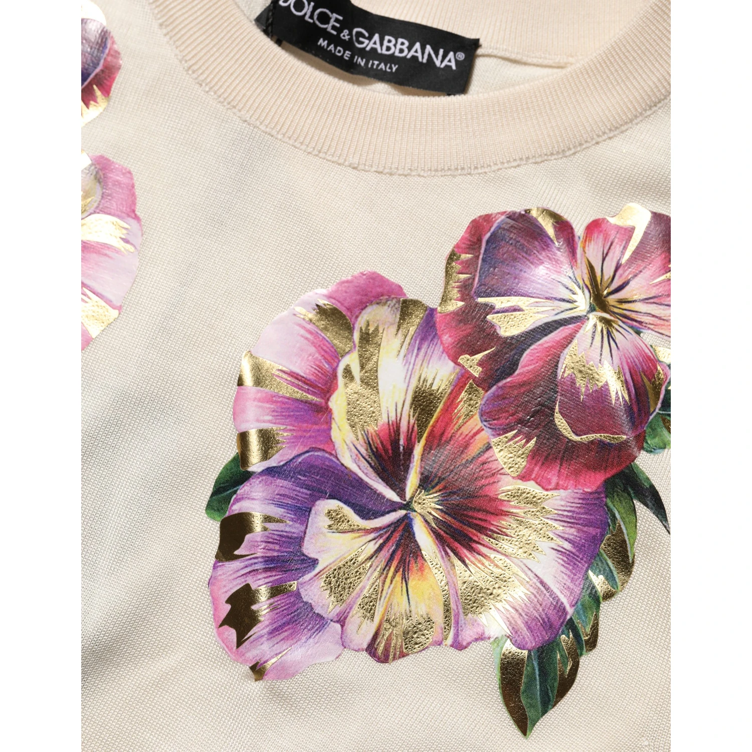 Beige Floral Print Silk CrewNeck Pullover Top