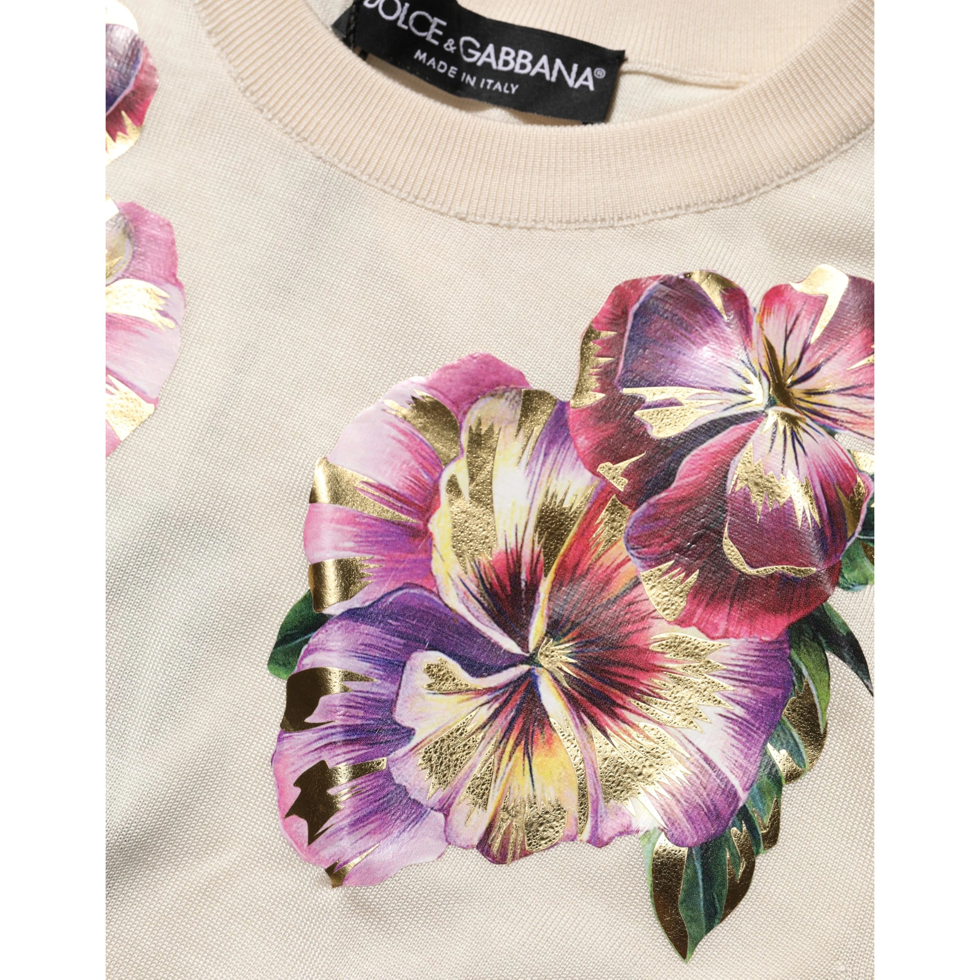 Beige Floral Print Silk CrewNeck Pullover Top