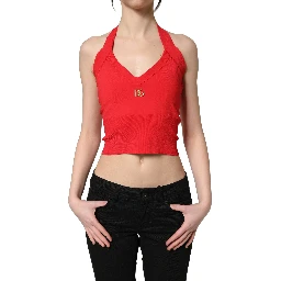 Red Viscose Sleeveless Halter Crop Tank Top