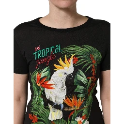 Black Tropical Print Cotton Round Neck T-Shirt