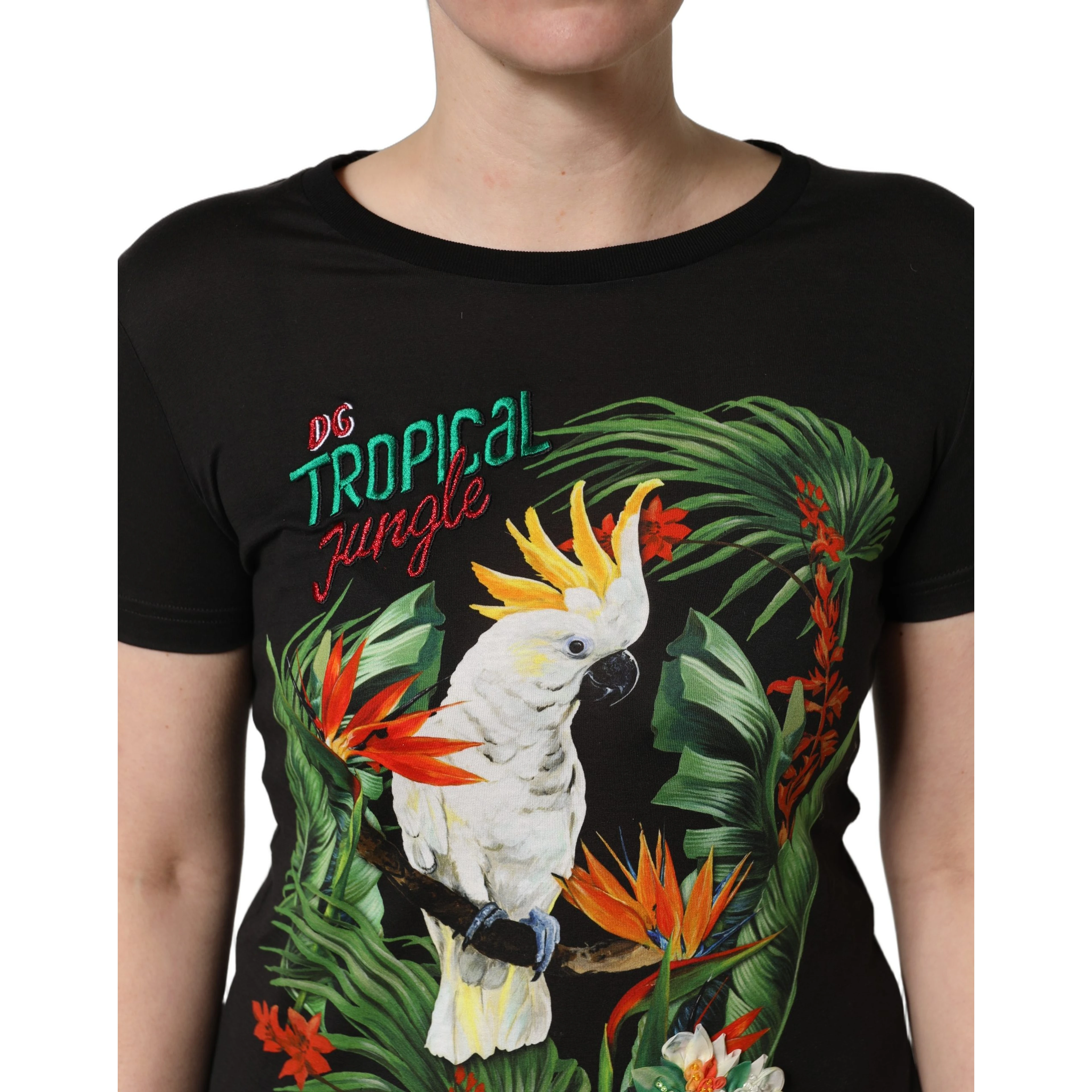 Black Tropical Print Cotton Round Neck T-Shirt