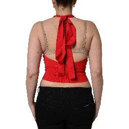 Red Viscose Sleeveless Halter Crop Tank Top