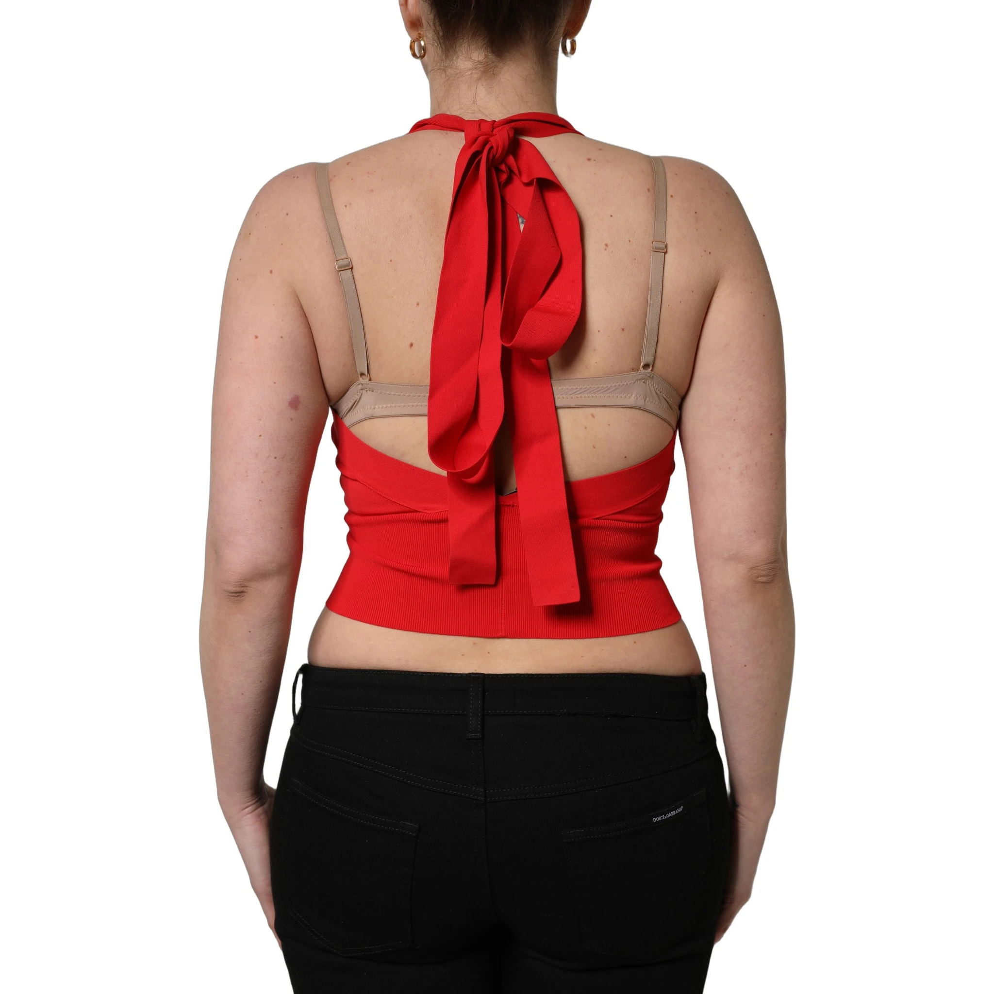 Red Viscose Sleeveless Halter Crop Tank Top