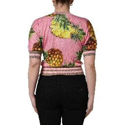 Pink Pineapple Vneck Short Sleeve Cropped Top