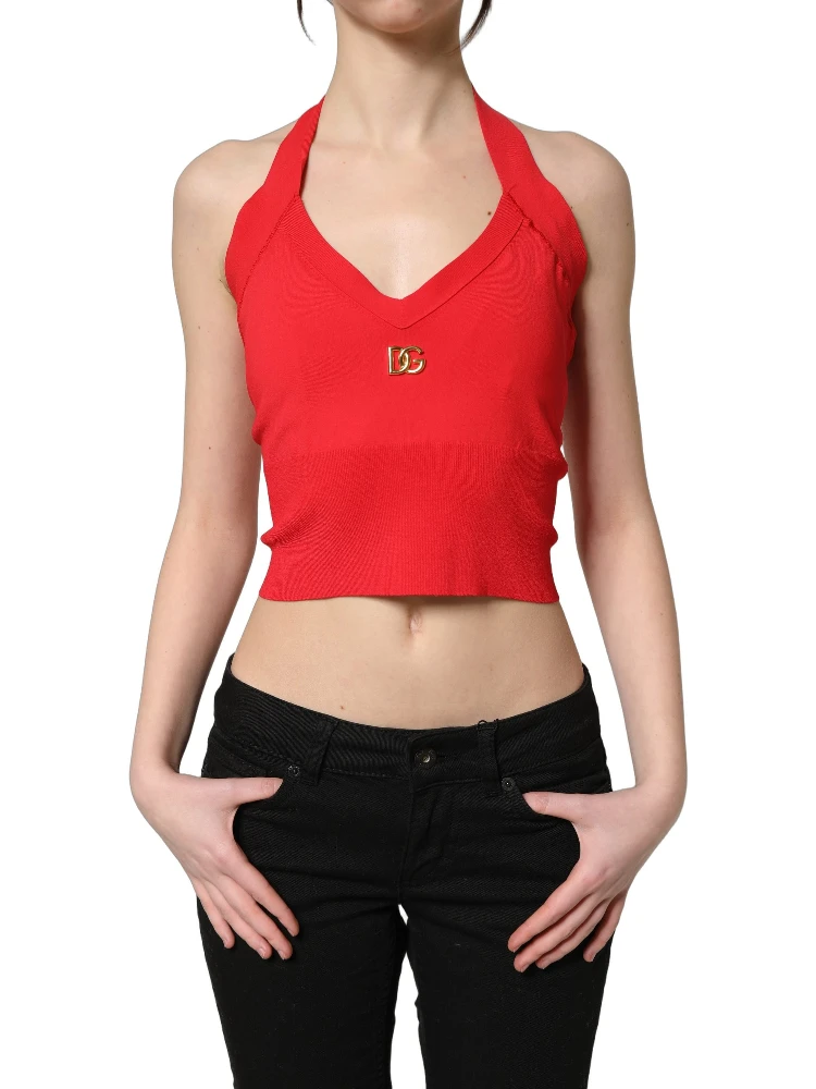 Red Viscose Sleeveless Halter Crop Tank Top alternative