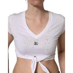 White Logo Embroidered Tie Waist Cropped Top