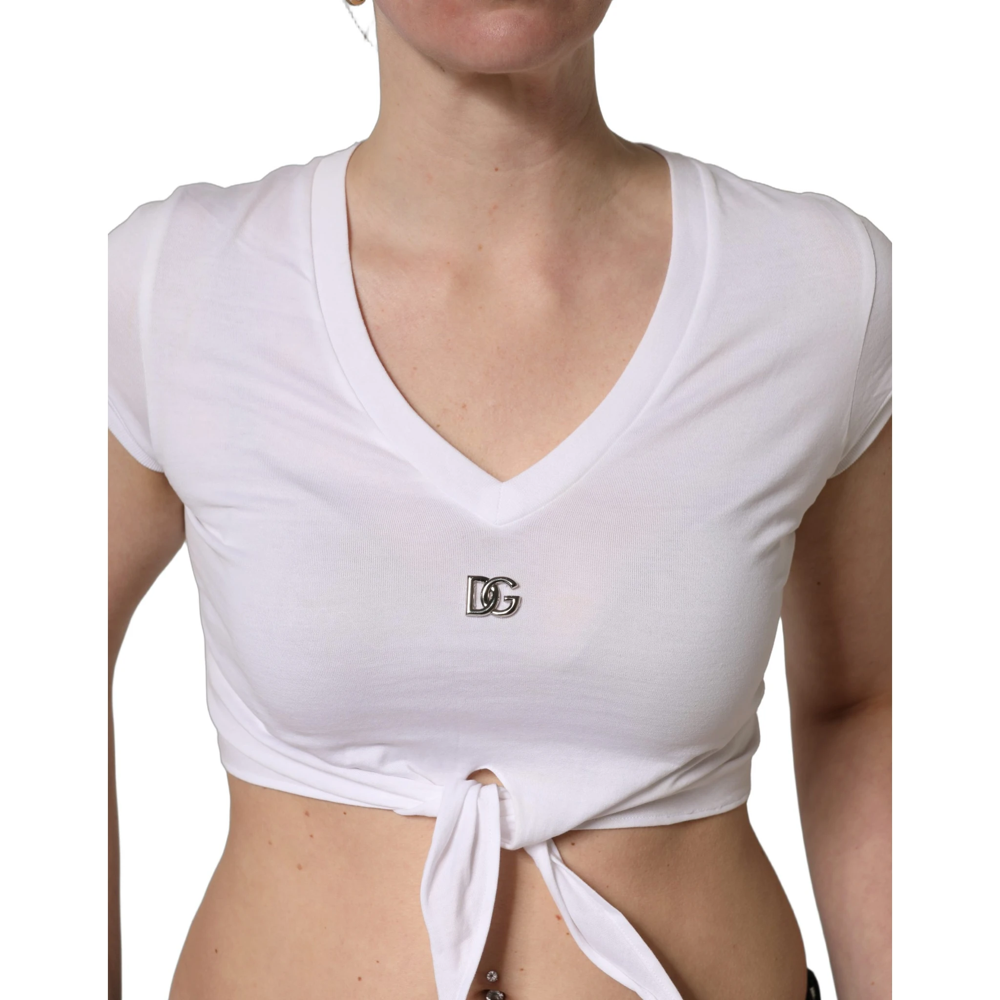 White Logo Embroidered Tie Waist Cropped Top