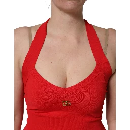 Red Viscose Sleeveless Halter Crop Tank Top