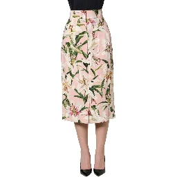 Pink Lilium Print High Waist Pencil Skirt