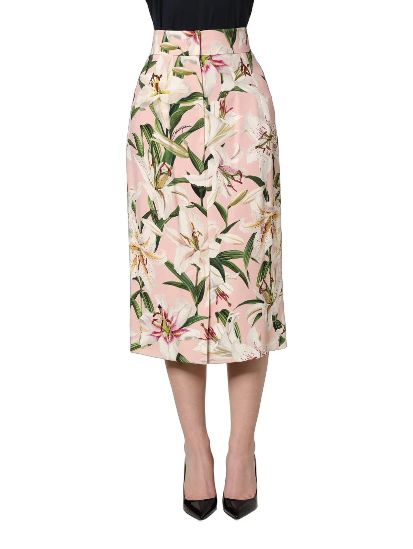 Pink Lilium Print High Waist Pencil Skirt