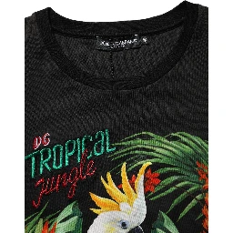 Black Tropical Print Cotton Round Neck T-Shirt
