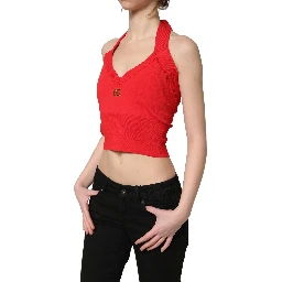 Red Viscose Sleeveless Halter Crop Tank Top