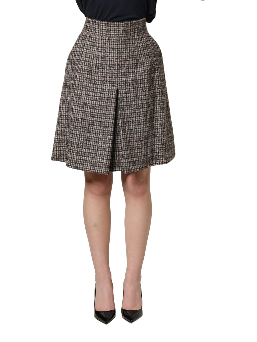 Brown Tweed Kick Pleat High Waist Mini Skirt
