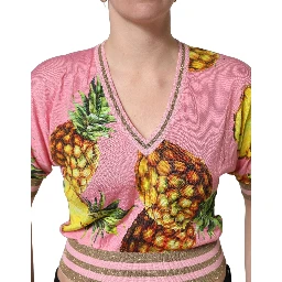 Pink Pineapple Vneck Short Sleeve Cropped Top