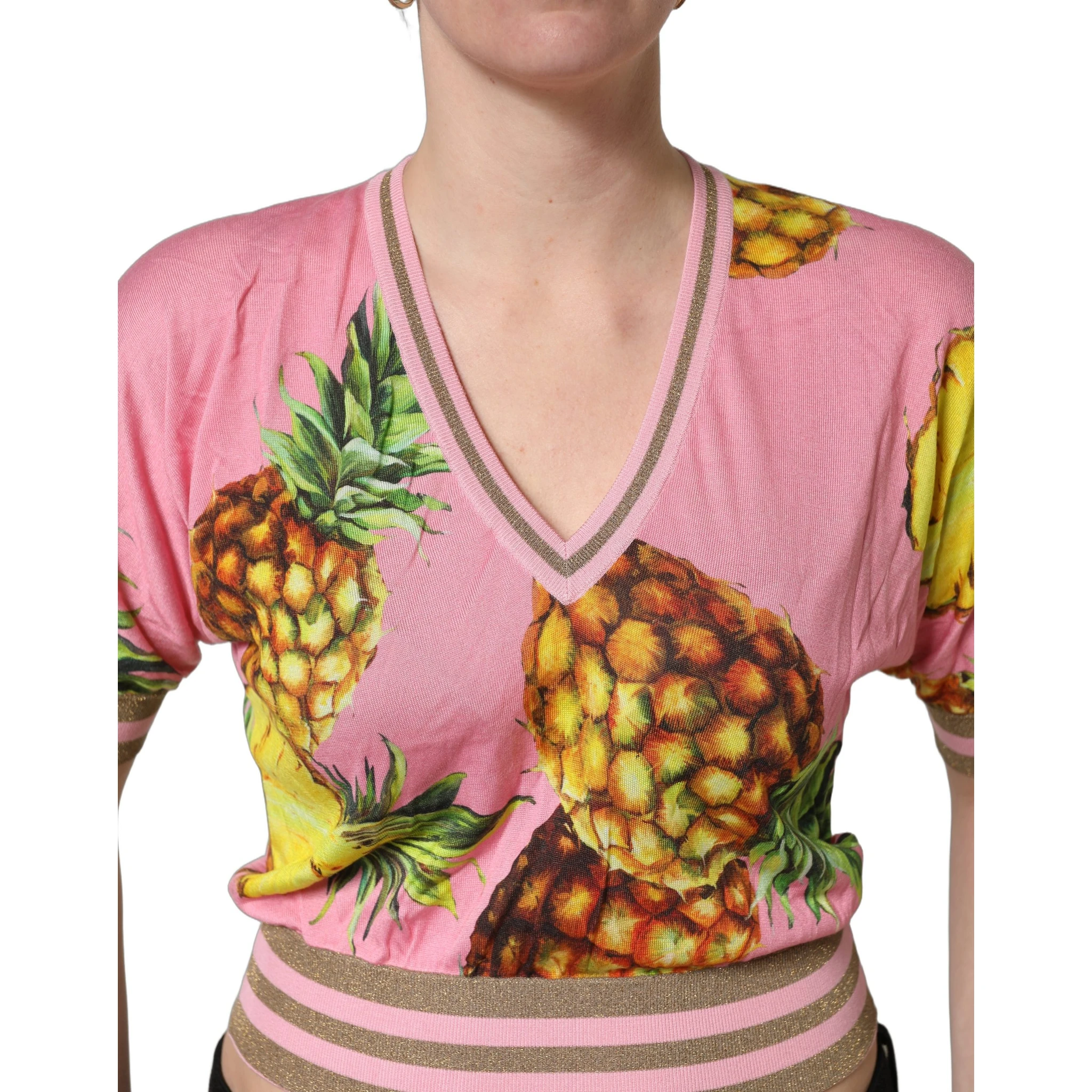 Pink Pineapple Vneck Short Sleeve Cropped Top