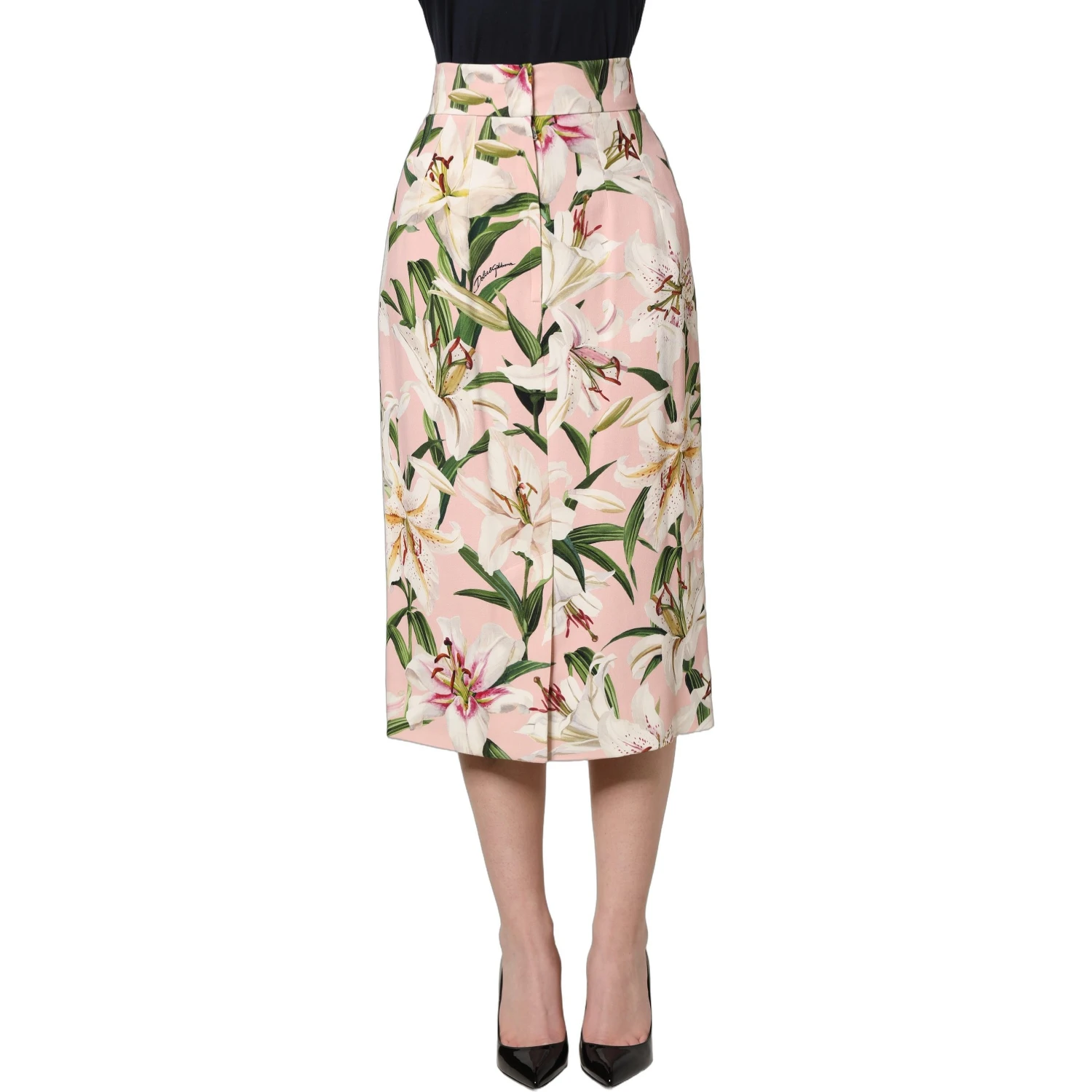 Pink Lilium Print High Waist Pencil Skirt