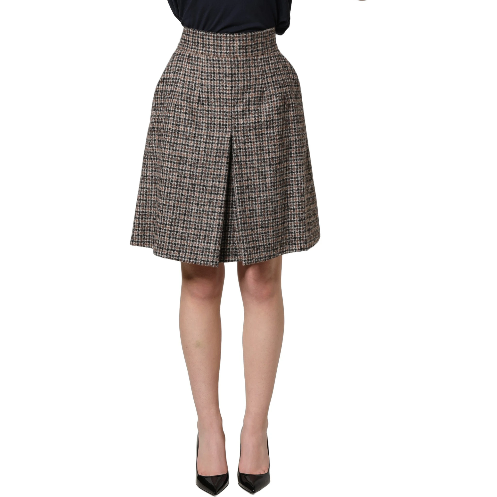 Brown Tweed Kick Pleat High Waist Mini Skirt