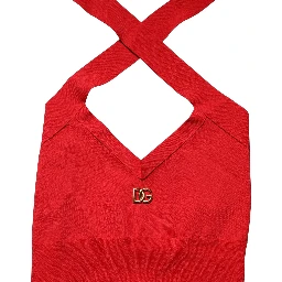 Red Viscose Sleeveless Halter Crop Tank Top