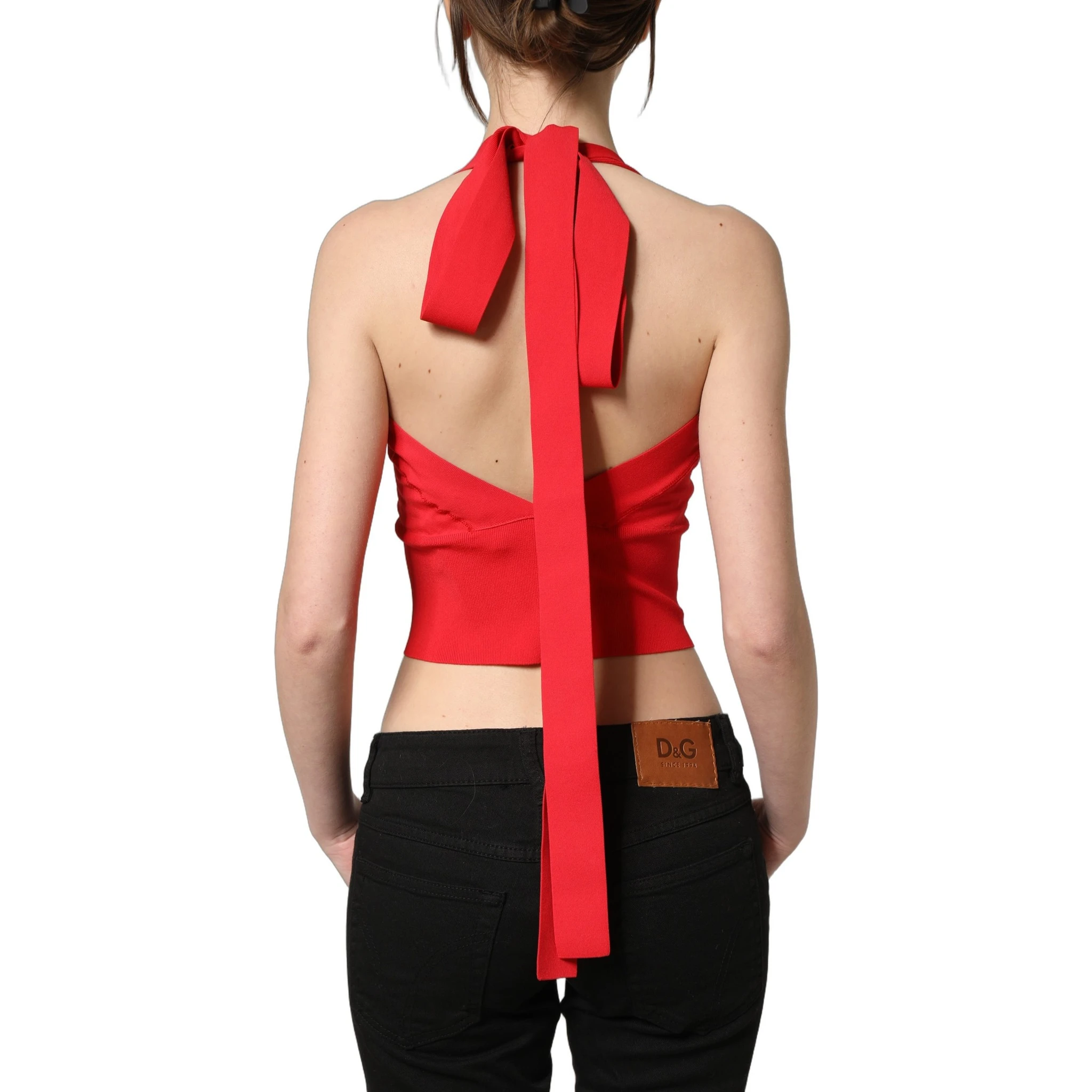 Red Viscose Sleeveless Halter Crop Tank Top
