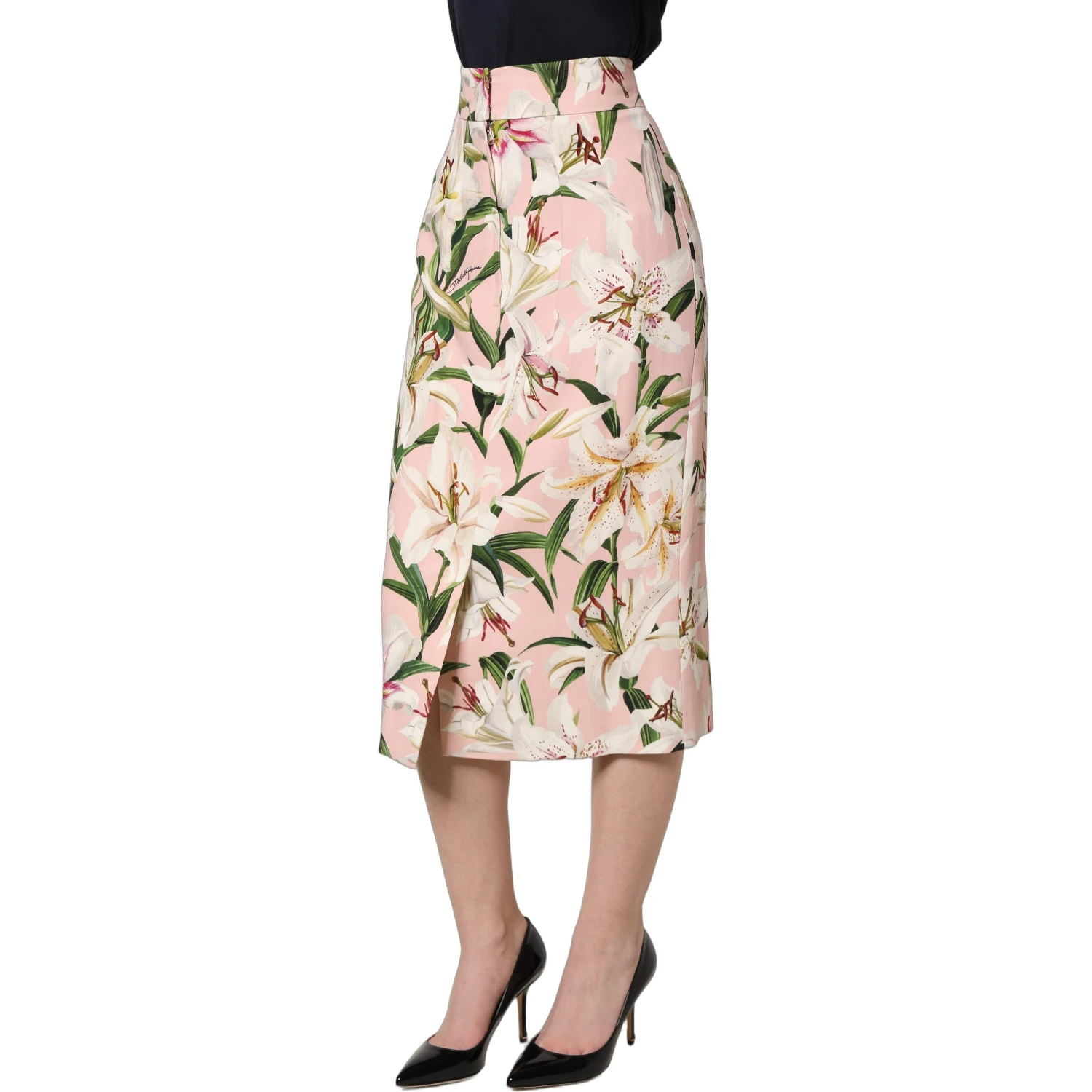 Pink Lilium Print High Waist Pencil Skirt