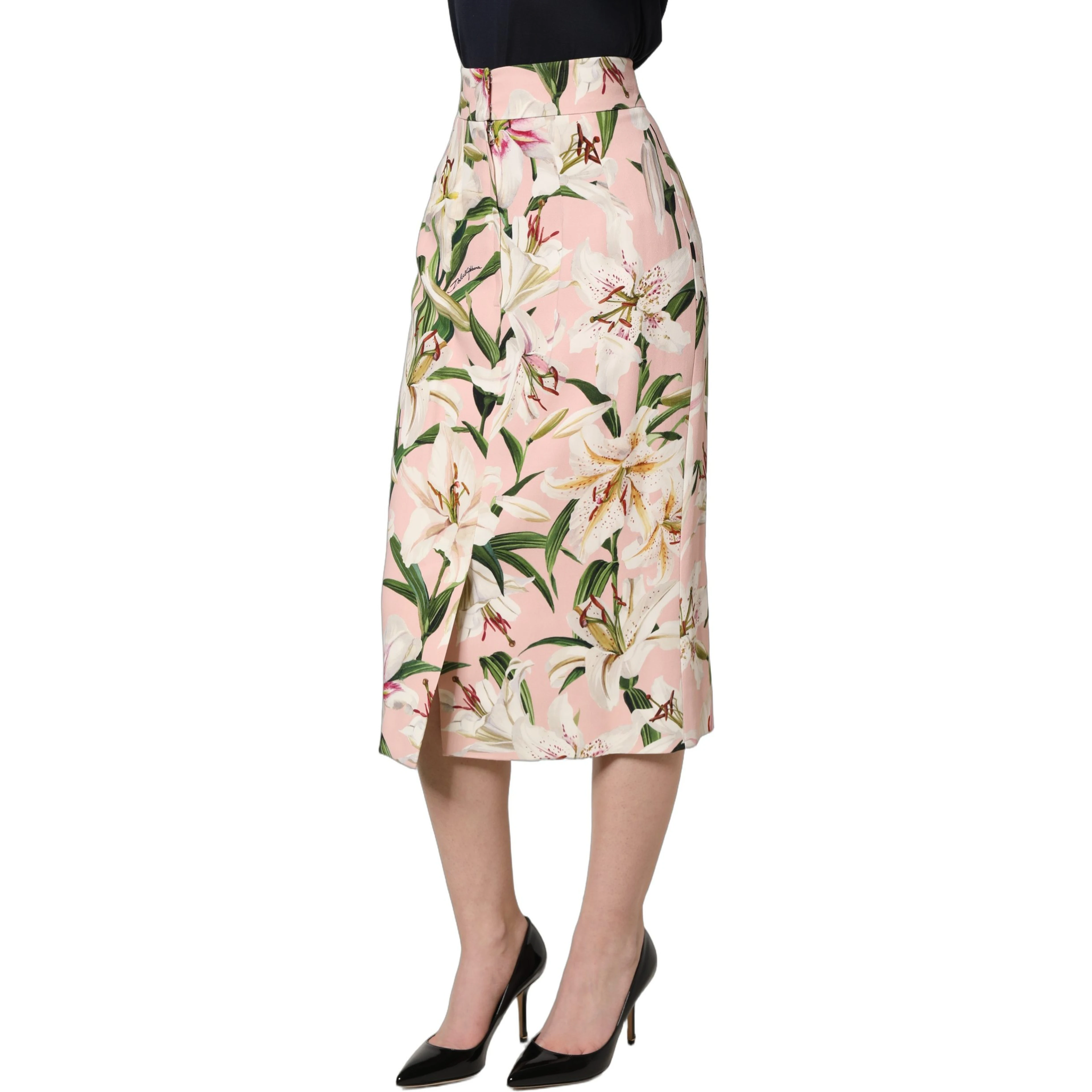 Pink Lilium Print High Waist Pencil Skirt