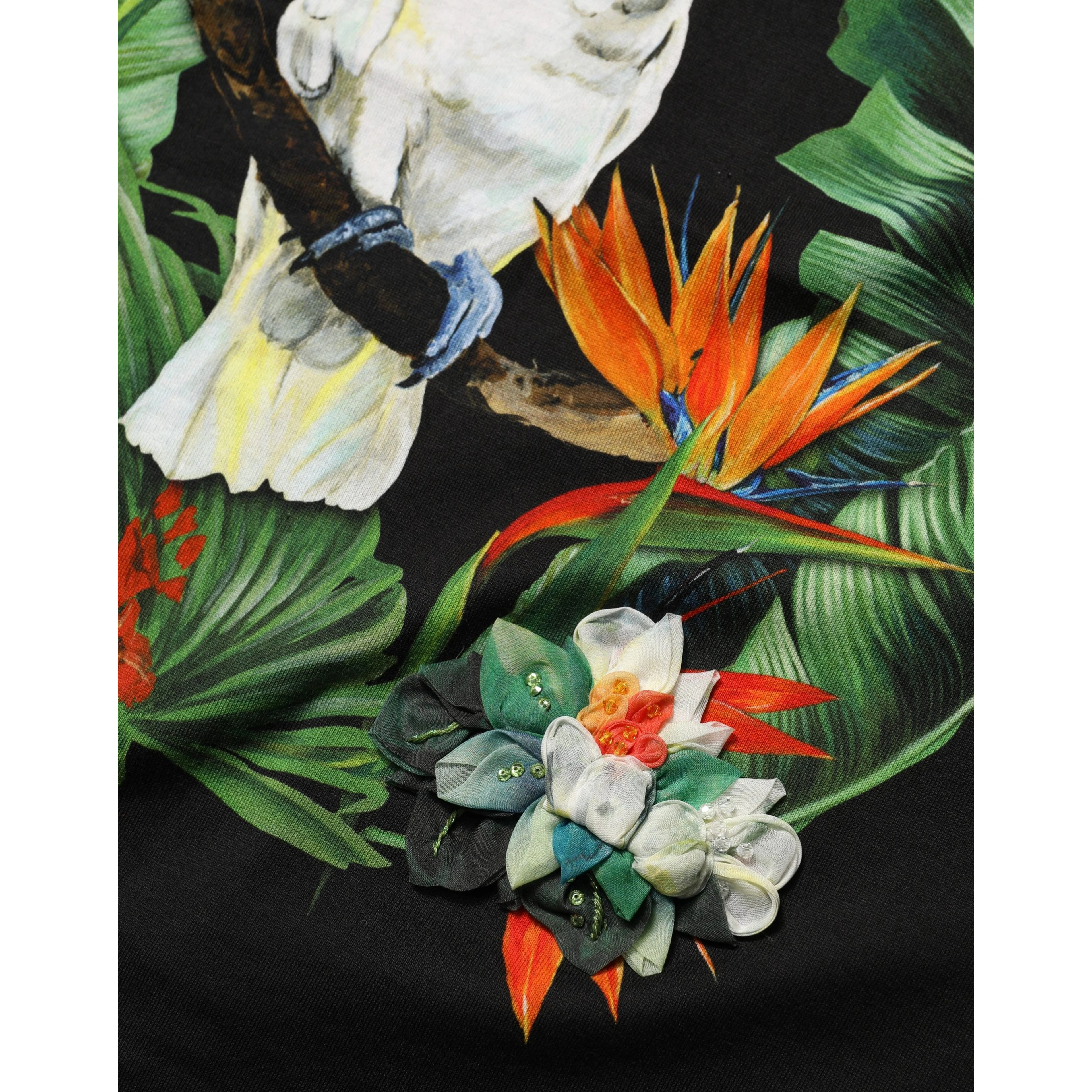 Black Tropical Print Cotton Round Neck T-Shirt