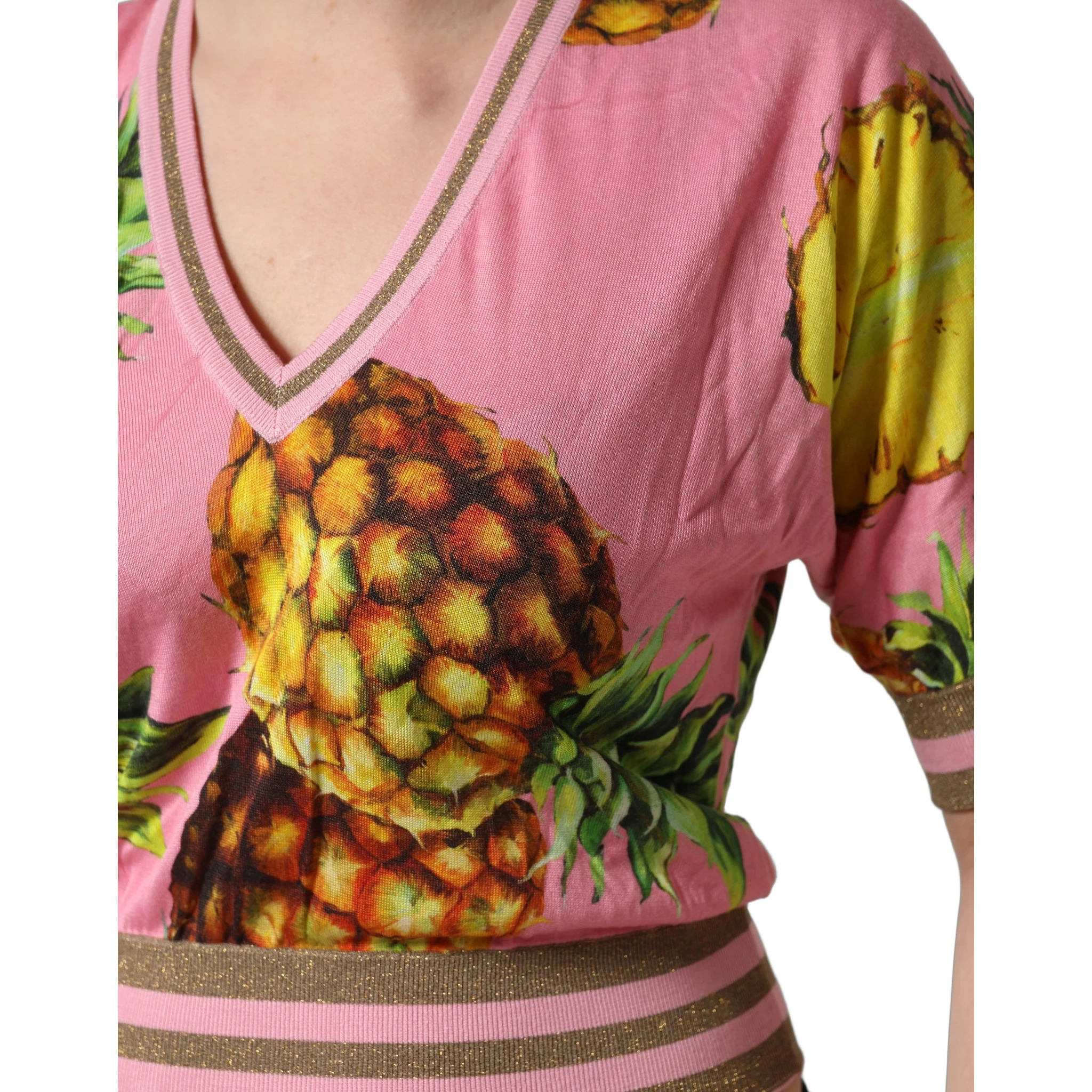 Pink Pineapple Vneck Short Sleeve Cropped Top